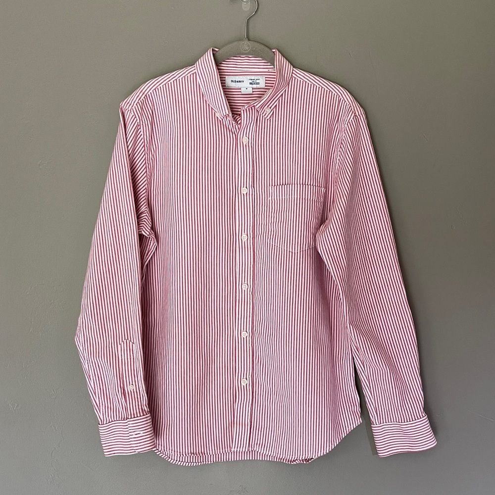 Old Navy Men’s Red White Striped Oxford Long Sleeve Button Down Everyday Shirt M